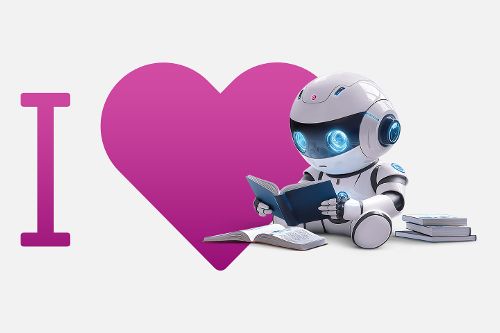 Ein I-love-Schriftzug mit einem kleinen Roboter daneben, der ein Buch liest