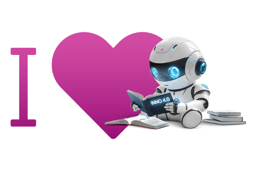 Ein I-love-Schriftzug mit einem kleinen Roboter daneben, der ein Buch mit dem Titel Inno 4.0 liest.