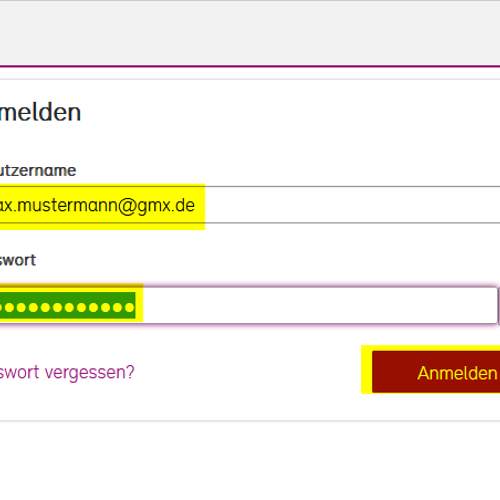 Screenshot der Anmeldemaske, die Felder für Benutzername, Passwort und der Anmelden-Button darunter sind gelb hervorgehoben
