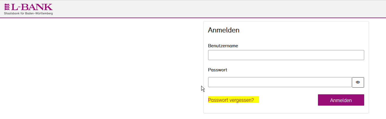 Screenshot der Anmeldemaske im Förderportal, der Passwort vergessen?-Link unten ist gelb hervorgehoben
