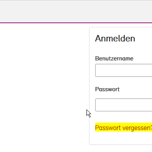 Screenshot der Anmeldemaske im Förderportal, der Passwort vergessen?-Link unten ist gelb hervorgehoben
