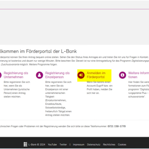 Screenshot der Startseite des Förderportals, die Option Anmelden im Förderportal ist gelb hervorgehoben