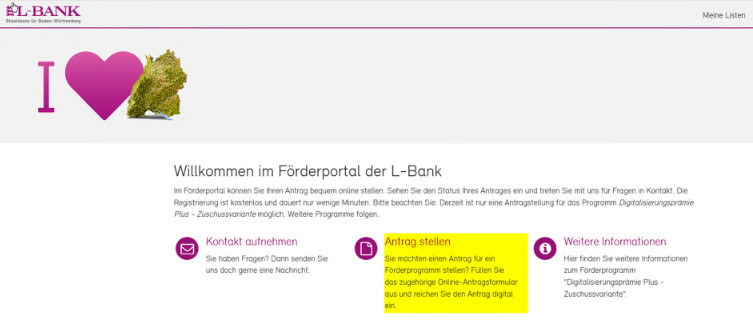 Screenshot der Startseite im Förderportal nach der Anmeldung, die Option Antrag stellen ist gelb hervorgehoben