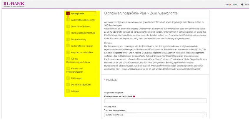 Screenshot der Antragsstellung, links ist eine Übersicht der einzelnen Schritte zu sehen
