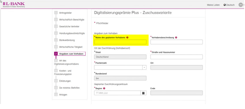 Screenshot der Antragsstellung beim Schritt Angaben zum Vorhaben, das Feld Name des geplanten Vorhabens ist gelb hervorgehoben