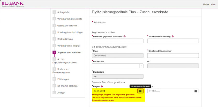 Screenshot der Antragsstellung beim Schritt Angaben zum Vorhaben, das Feld Beginn beim geplanten Durchführungszeitraum ist gelb hervorgehoben