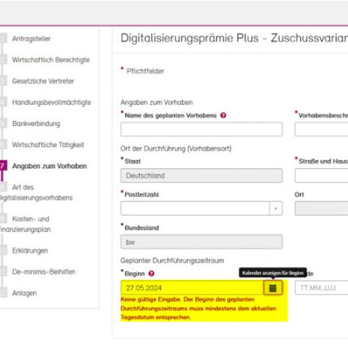 Screenshot der Antragsstellung beim Schritt Angaben zum Vorhaben, das Feld Beginn beim geplanten Durchführungszeitraum ist gelb hervorgehoben