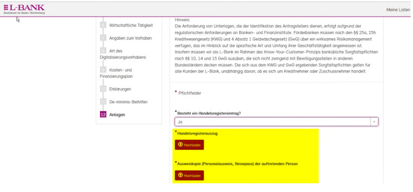 Screenshot der Antragsstellung beim Schritt Anlagen, die Felder zum Upload des Handelsregisterauszugs und einer Ausweiskopie sind gelb hervorgehoben