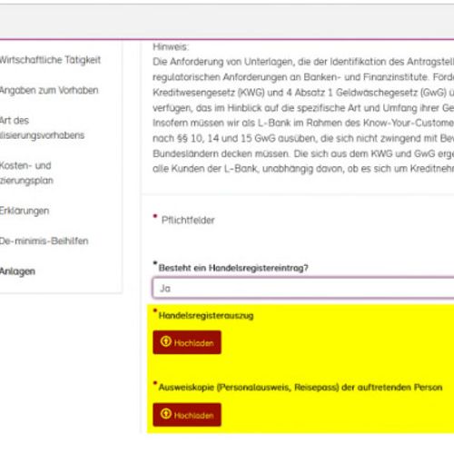 Screenshot der Antragsstellung beim Schritt Anlagen, die Felder zum Upload des Handelsregisterauszugs und einer Ausweiskopie sind gelb hervorgehoben