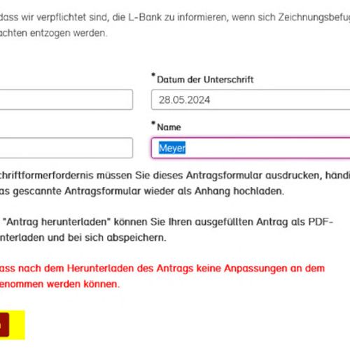 Screenshot der Abschlussseite zur Antragsstellung, das Feld Antrag herunterladen ist gelb hervorgehoben