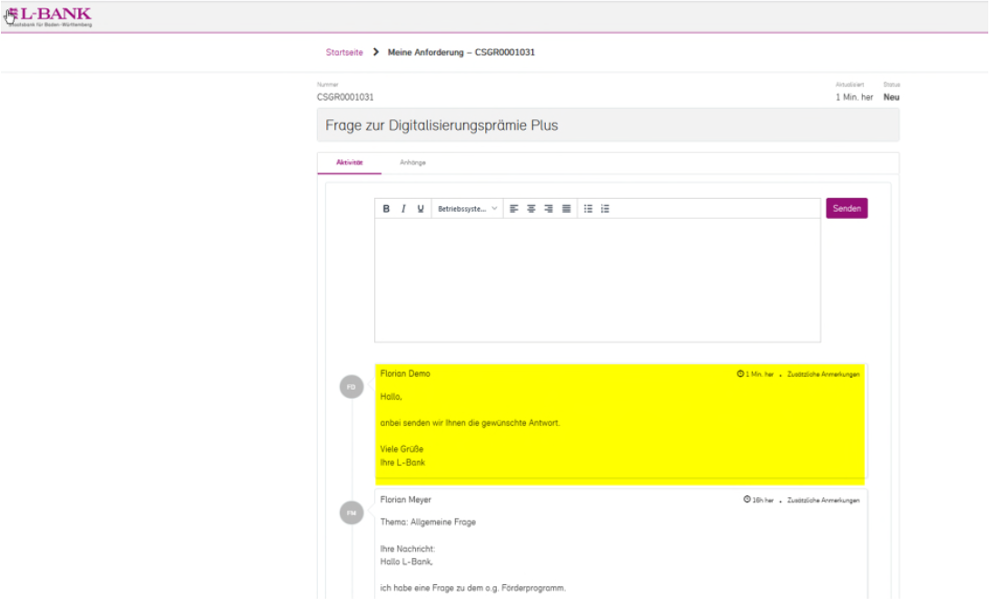 Screenshot der Detailseite zum gestellten Antrag, auf der beispielhaft eine Frage und eine Antwort im Kommentarfeld zu sehen sind