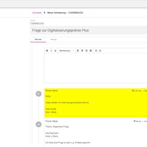 Screenshot der Detailseite zum gestellten Antrag, auf der beispielhaft eine Frage und eine Antwort im Kommentarfeld zu sehen sind