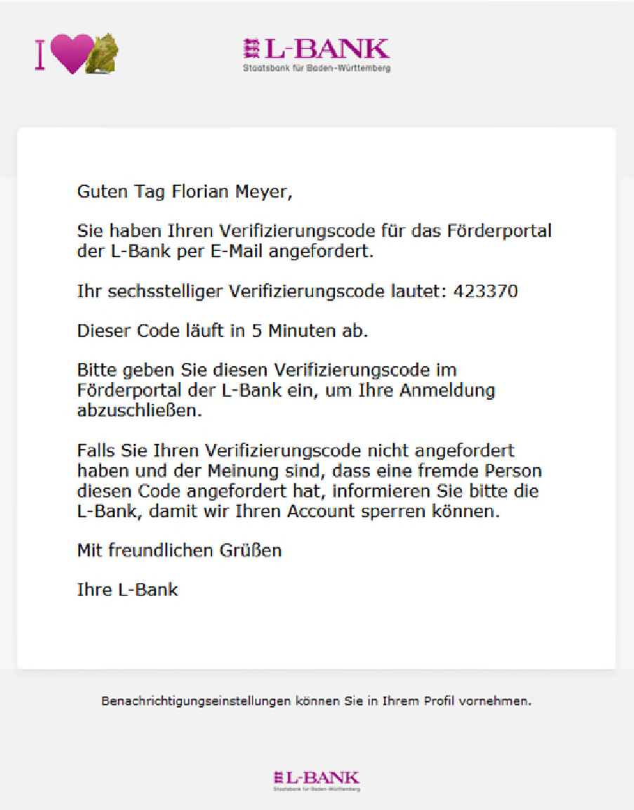 Screenshot der Benachrichtigungsmail mit einem sechsstelligen Verifizierungscode für das Förderportal