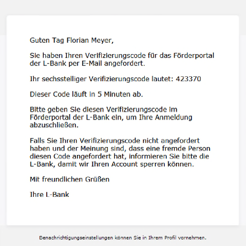 Screenshot der Benachrichtigungsmail mit einem sechsstelligen Verifizierungscode für das Förderportal