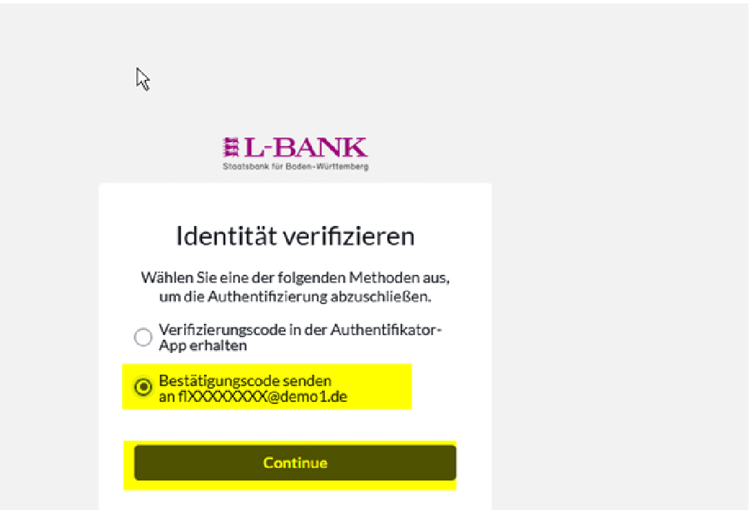 Screenshot der Seite zu Verifizierung der Identität, es kann ein Code per Authetifikator-App oder E-Mail angefordert werden