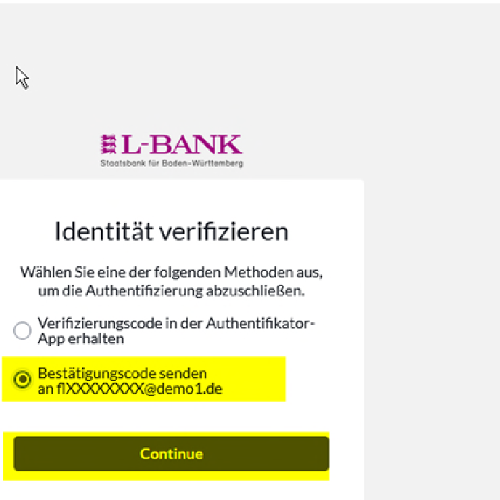 Screenshot der Seite zu Verifizierung der Identität, es kann ein Code per Authetifikator-App oder E-Mail angefordert werden