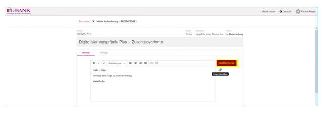 Screenshot der Detailseite zum gestellten Antrag mit einem Eintrag im Kommentarfeld, der Button zum Veröffentlichen ist gelb hervorgehoben