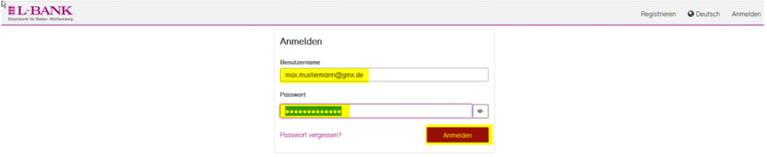 Screenshot der Anmeldemaske, die Felder für Benutzername, Passwort und der Anmelden-Button darunter sind gelb hervorgehoben