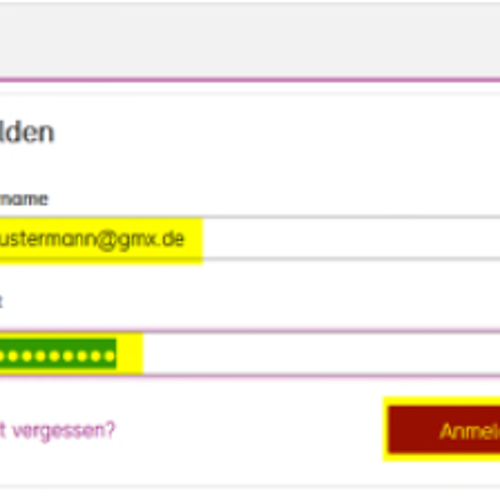 Screenshot der Anmeldemaske, die Felder für Benutzername, Passwort und der Anmelden-Button darunter sind gelb hervorgehoben