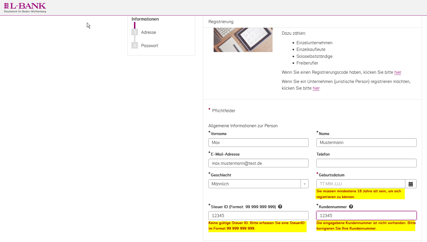 Screenshot des Registrierungsformulars, die Felder für das Geburtsdatum, die Steuer-ID und die Kundennummer sind gelb hervorgehoben