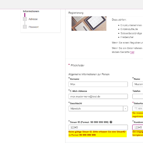 Screenshot des Registrierungsformulars, die Felder für das Geburtsdatum, die Steuer-ID und die Kundennummer sind gelb hervorgehoben