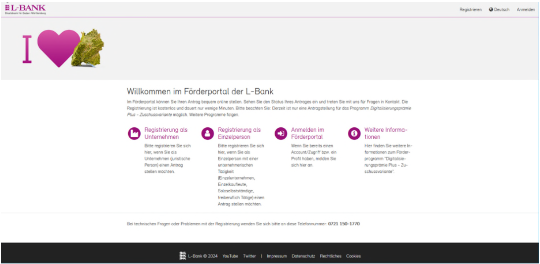 Screenshot der Startseite des Förderportals mit den vier Optionen Registrierung als Unternehmen, Registrierung als Einzelperson, Anmelden im Förderportal und Weitere Informationen