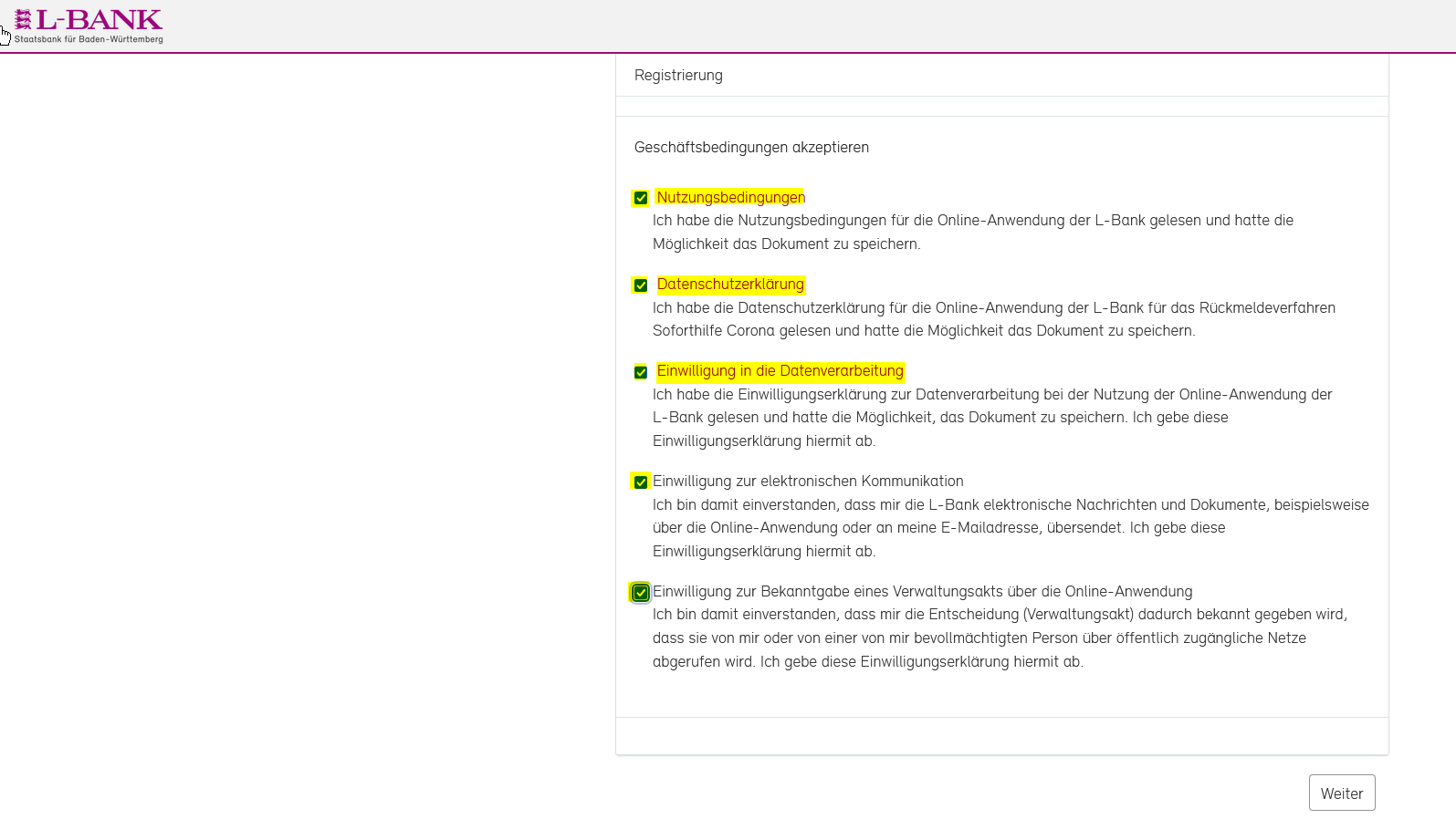 Screenshot der Registrierungsseite, die Felder zur Bestätigung der Geschäftsbedingungen sind gelb hervorgehoben