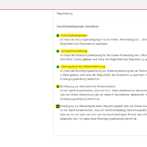 Screenshot der Registrierungsseite, die Felder zur Bestätigung der Geschäftsbedingungen sind gelb hervorgehoben