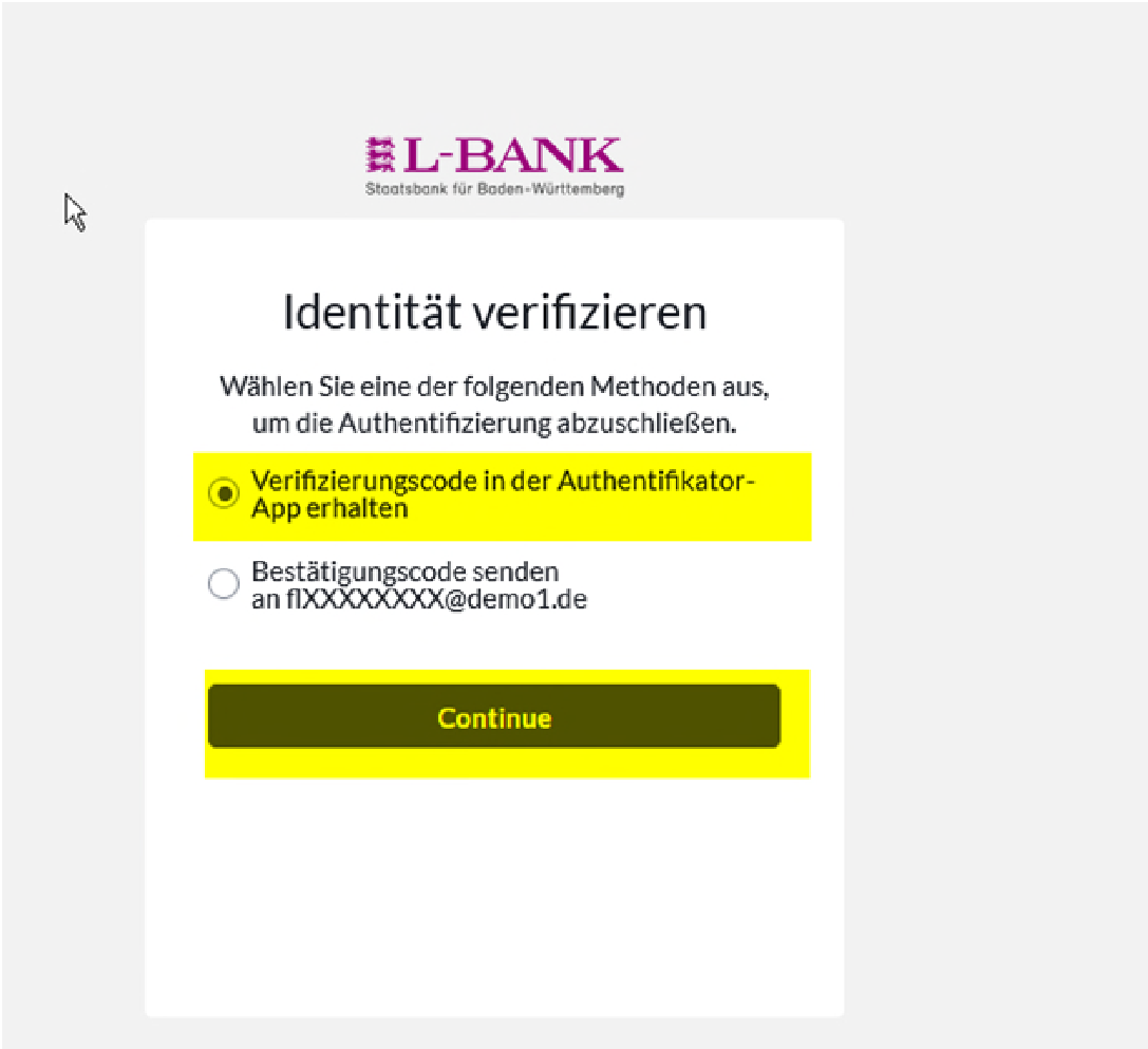 Screenshot zur Verifikation der Identität, die Option zum Erhalt eines Codes per Authentifikator-App ist ausgewählt
