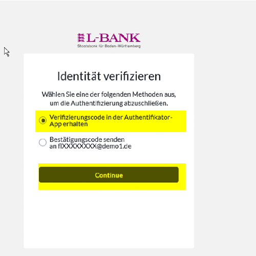 Screenshot zur Verifikation der Identität, die Option zum Erhalt eines Codes per Authentifikator-App ist ausgewählt