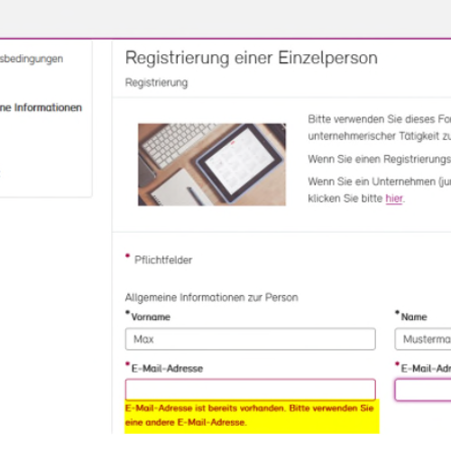 Screenshot der Registrierung im Förderportal, es ist die Meldung zu sehen, dass für die angegebene E-Mail-Adresse schon ein Konto existiert