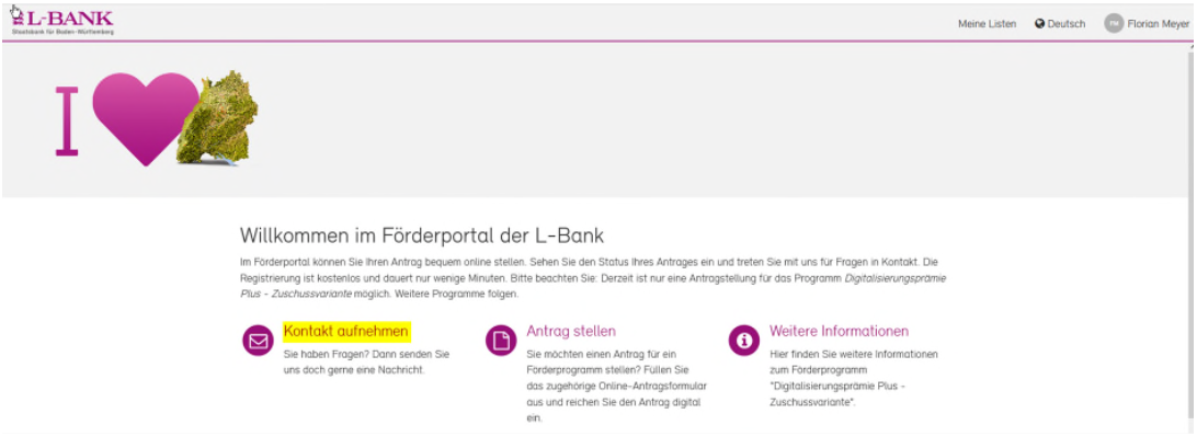 Screenshot der Startseite des Förderportals nach der Anmeldung, der Button Kontakt aufnehmen ist gelb hervorgehoben