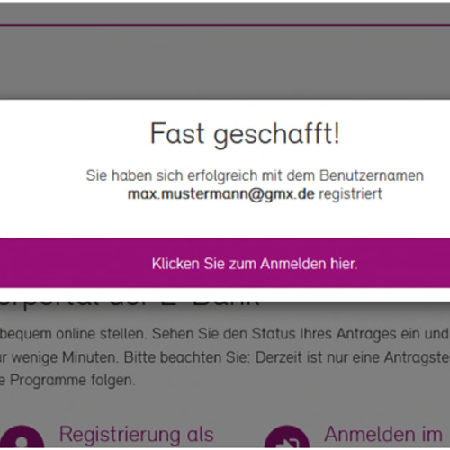 Screenshot der Meldung einer erfolgreichen Registrierung mit dem Button Klicken Sie zum Anmelden hier