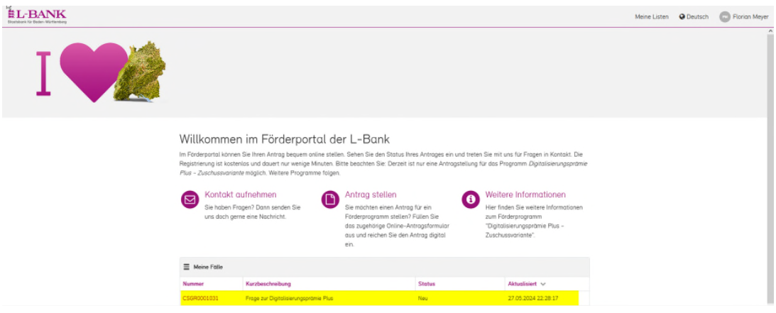 Screenshot der Übersicht der bereits gestellten Anträge und deren Status