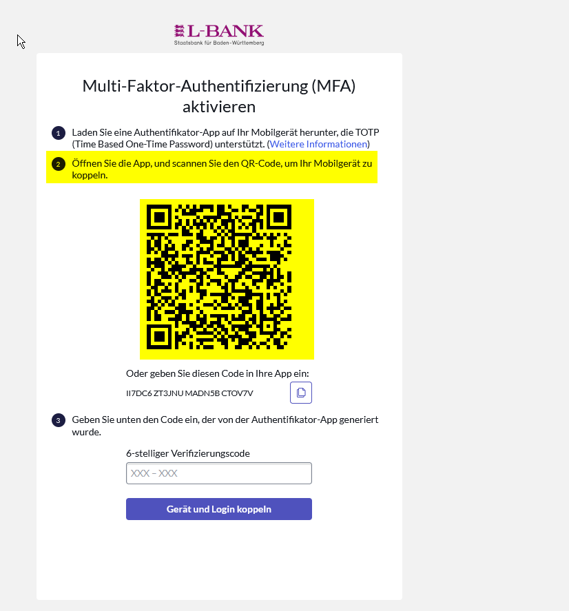 Screenshot der Anzeige der Zwei-Faktor-Authentifizierung. Es wird gezeigt, wie man den QR-Code scannt.