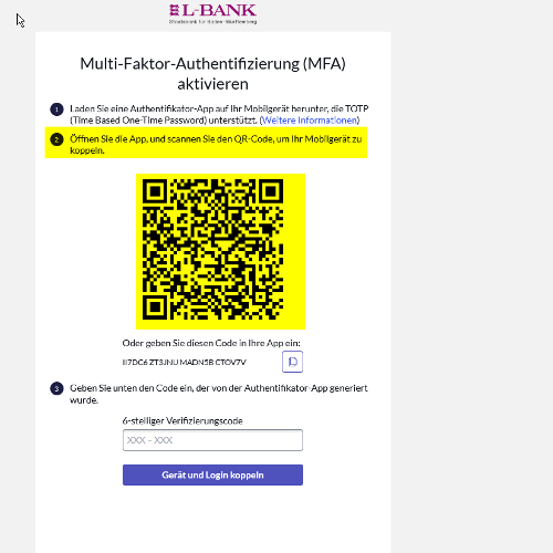 Screenshot der Anzeige der Zwei-Faktor-Authentifizierung. Es wird gezeigt, wie man den QR-Code scannt.