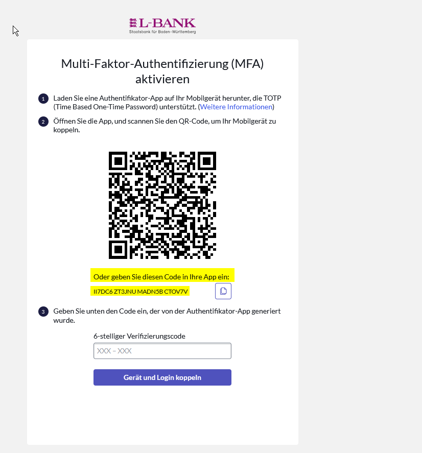 Screenshot der Aktivierung der Zwei-Faktor-Authentifizierung, unten ist ein Code gelb hervorgehoben, der statt eines QR-Codes für die Aktivierung genutzt werden kann.