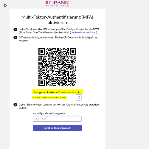 Screenshot der Aktivierung der Zwei-Faktor-Authentifizierung, unten ist ein Code gelb hervorgehoben, der statt eines QR-Codes für die Aktivierung genutzt werden kann.