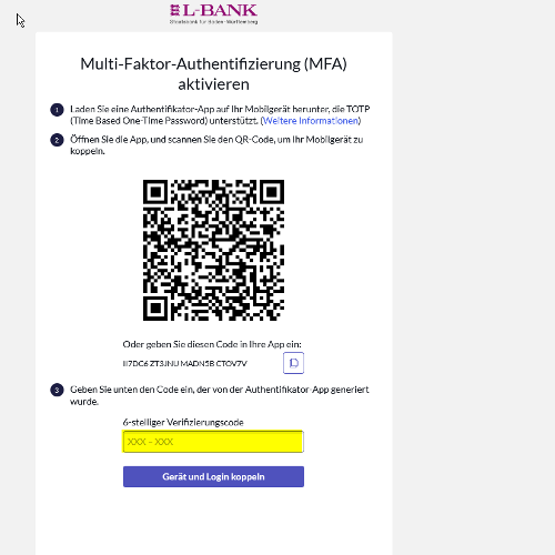 Screenshot der Aktivierung der Zwei-Faktor-Authentifizierung, das Feld für den sechsstelligen Code zur Kopplung ist gelb hervorgehoben.