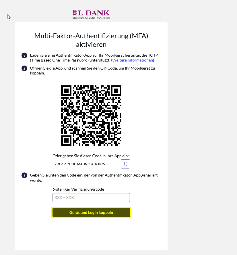Screenshot der Aktivierung der Zwei-Faktor-Authentifizierung, der Button Gerät koppeln und anmelden ist gelb hervorgehoben.