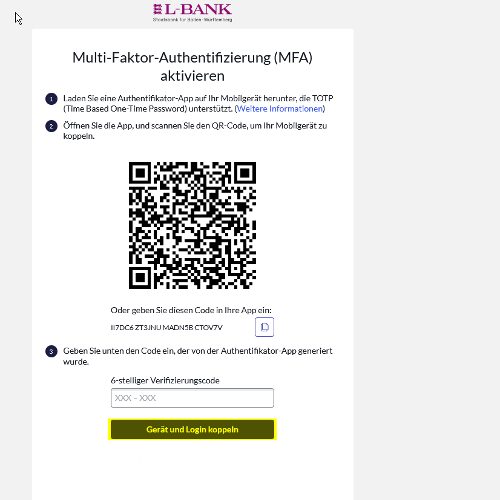 Screenshot der Aktivierung der Zwei-Faktor-Authentifizierung, der Button Gerät koppeln und anmelden ist gelb hervorgehoben.