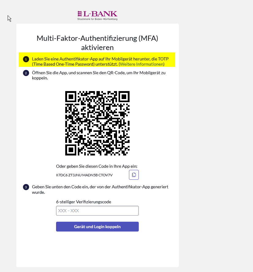 Screenshot der Aktivierung der Zwei-Faktor-Authentifizierung, es ist ein QR-Code zu sehen, der mit einer Authentifizierungs-App gescannt werden muss