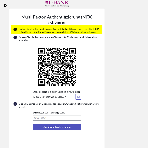 Screenshot der Aktivierung der Zwei-Faktor-Authentifizierung, es ist ein QR-Code zu sehen, der mit einer Authentifizierungs-App gescannt werden muss