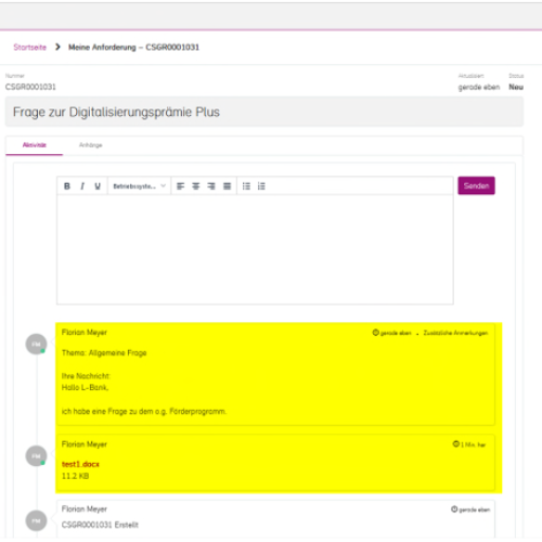 Screenshot der Detailseite zum gestellten Antrag, auf der beispielhaft Nachrichten im Kommentarfeld zu sehen sind