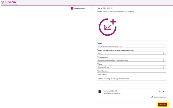 Screenshot des Formulars zum Versenden einer Nachricht