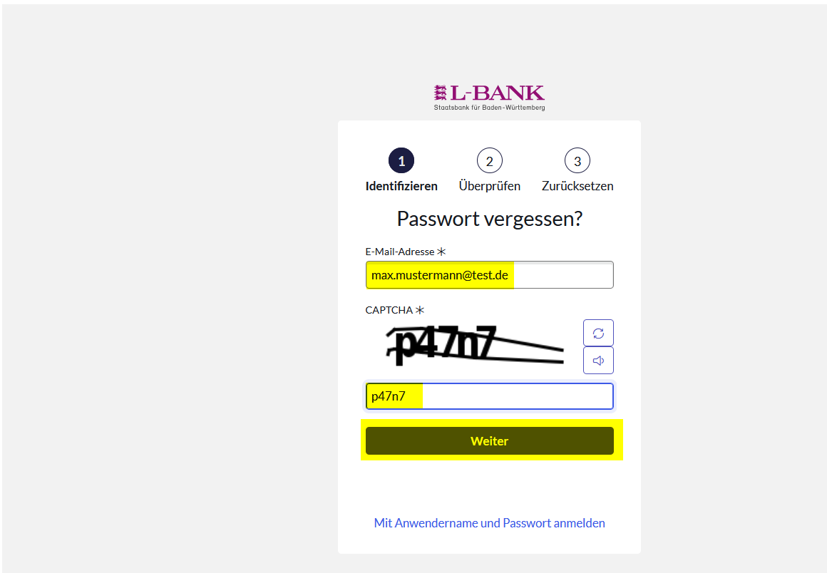 Screenshot des Formulars zum Zurücksetzen des Passworts, es müssen die E-Mail-Adresse und ein Captcha eingegeben werden.
