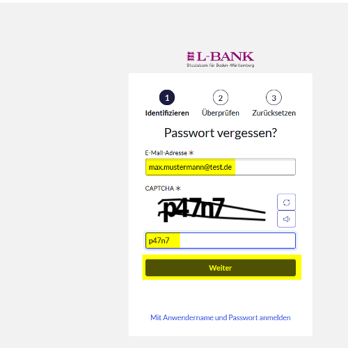Screenshot des Formulars zum Zurücksetzen des Passworts, es müssen die E-Mail-Adresse und ein Captcha eingegeben werden.
