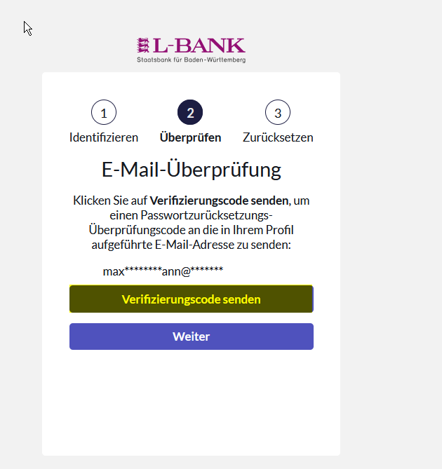 Screenshot des zweiten Schritts zum Zurücksetzen des Passworts, es kann ein Überprüfungscode per E-Mail versendet werden.