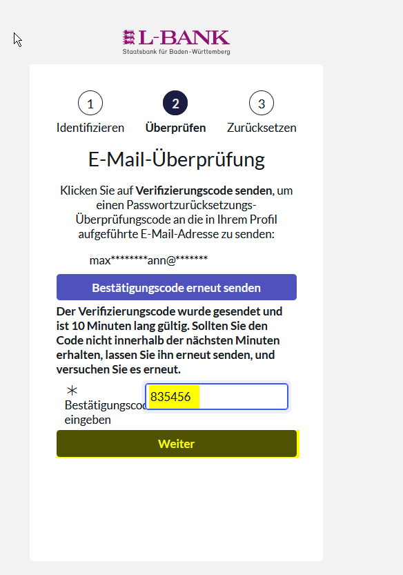 Screenshot des dritten Schritts zum Zurücksetzen des Passworts, es muss der Überprüfungscode eingegeben werden, der per Mail versendet wurde.