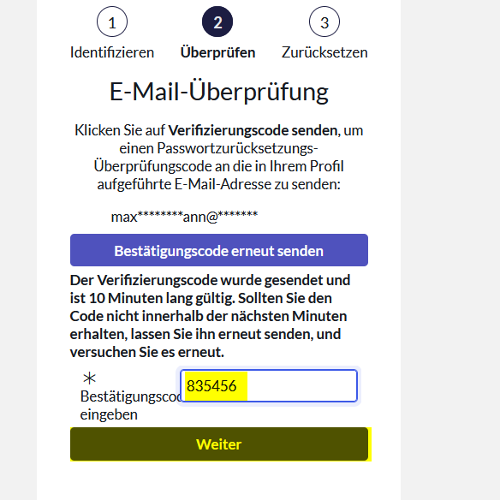 Screenshot des dritten Schritts zum Zurücksetzen des Passworts, es muss der Überprüfungscode eingegeben werden, der per Mail versendet wurde.